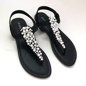 JUSTFAB Embellished Sandals Black White Flat Sandals Adara Womens Size 8.5